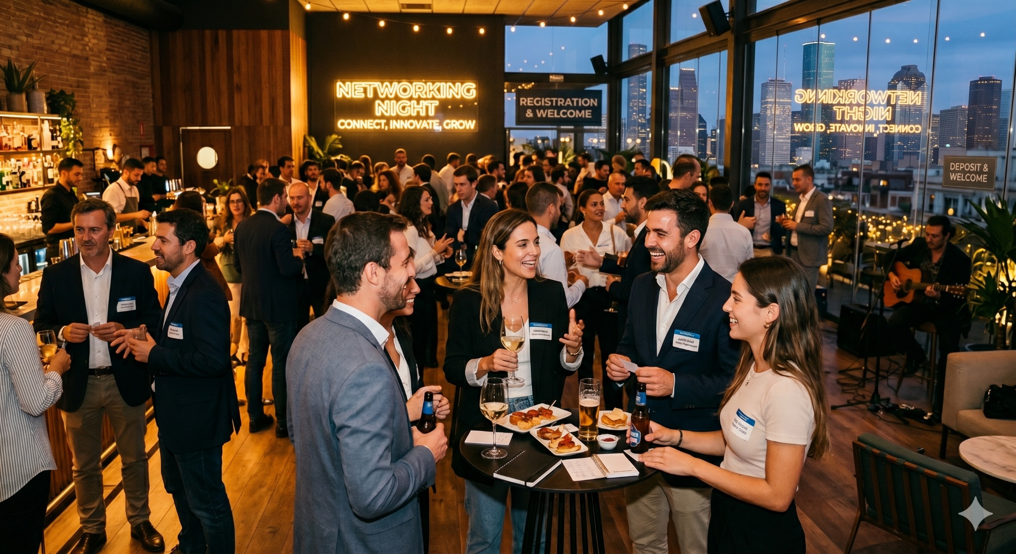 Participantes de uma noite internacional de networking